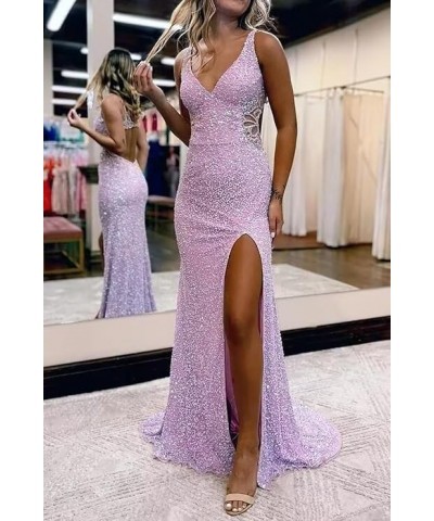 Hollow-Out Sequin Prom Dress 2024 Long for Teens with Slit V Neck Mermaid Backless Evening Party Gowns VS045 Burnt Orange $31...