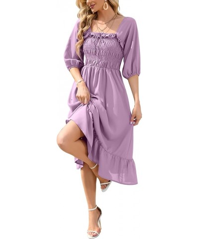 Women's Elastic Square Neck Half Sleeve Smocked Ruffle Hem Maxi Dress Backless Beach Dress Purple $24.44 Dresses