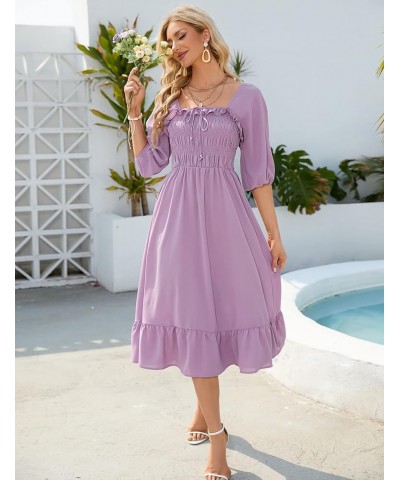 Women's Elastic Square Neck Half Sleeve Smocked Ruffle Hem Maxi Dress Backless Beach Dress Purple $24.44 Dresses