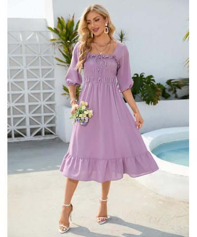 Women's Elastic Square Neck Half Sleeve Smocked Ruffle Hem Maxi Dress Backless Beach Dress Purple $24.44 Dresses