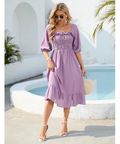 Women's Elastic Square Neck Half Sleeve Smocked Ruffle Hem Maxi Dress Backless Beach Dress Purple $24.44 Dresses