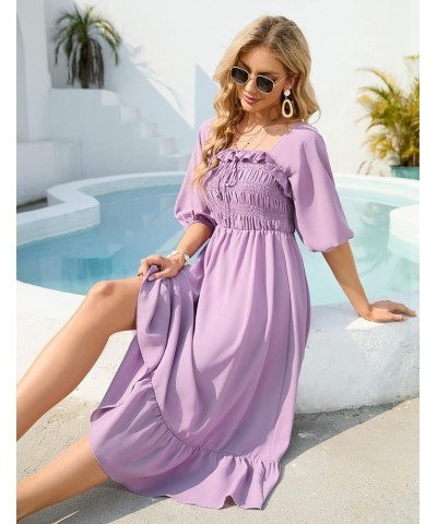 Women's Elastic Square Neck Half Sleeve Smocked Ruffle Hem Maxi Dress Backless Beach Dress Purple $24.44 Dresses