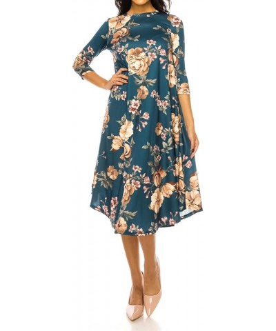 Women's Flowy A-Line Swing Midi Dress Three-Quarter Sleeve Casual Formal Floral Teal $23.00 Dresses