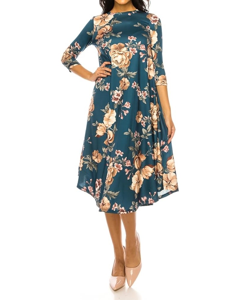 Women's Flowy A-Line Swing Midi Dress Three-Quarter Sleeve Casual Formal Floral Teal $23.00 Dresses