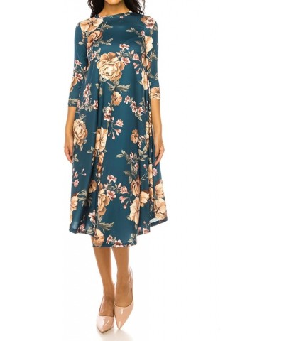 Women's Flowy A-Line Swing Midi Dress Three-Quarter Sleeve Casual Formal Floral Teal $23.00 Dresses