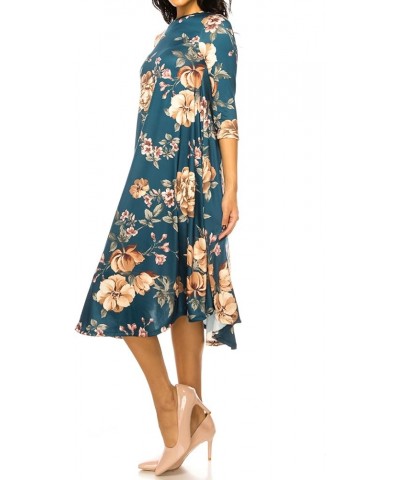 Women's Flowy A-Line Swing Midi Dress Three-Quarter Sleeve Casual Formal Floral Teal $23.00 Dresses