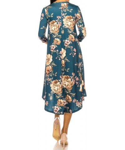 Women's Flowy A-Line Swing Midi Dress Three-Quarter Sleeve Casual Formal Floral Teal $23.00 Dresses