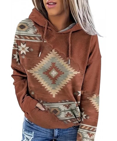 Women's Western Ethnic Style Print Aztec Hoodie Pullover Cowgirl Rhombus Printed Hooded Sweatshirt Brown $17.50 Hoodies & Swe...