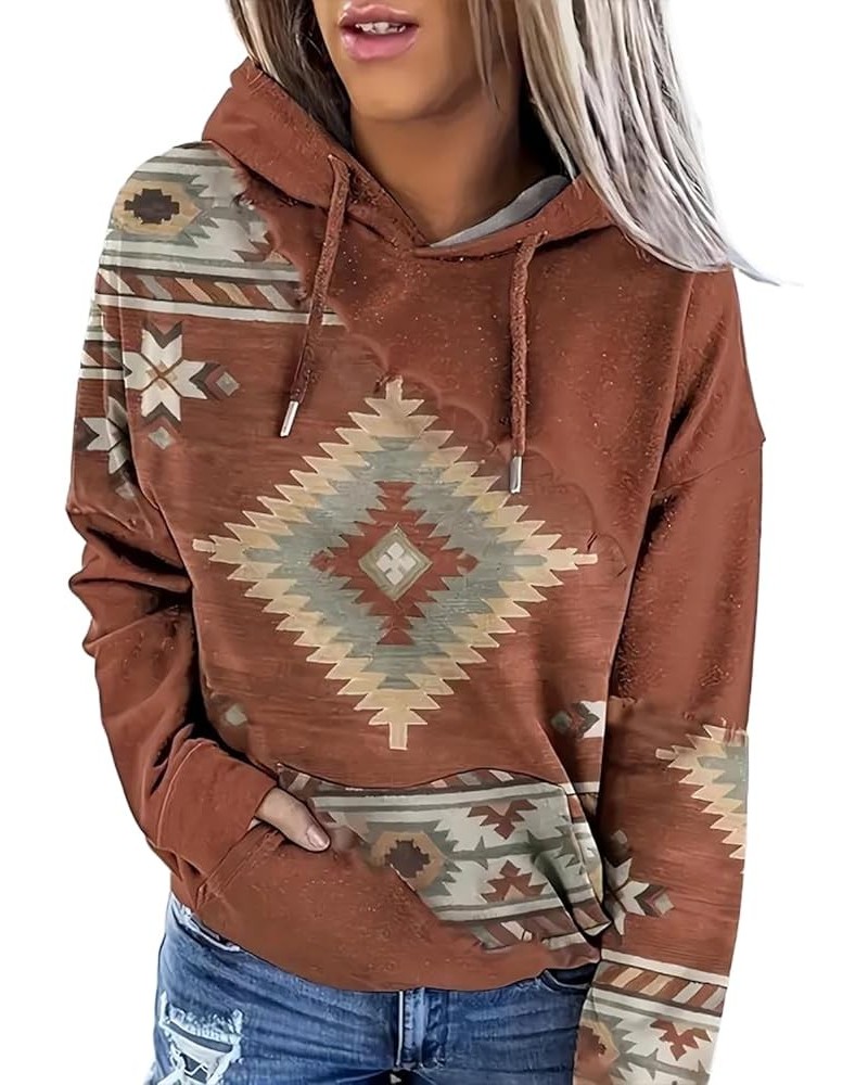 Women's Western Ethnic Style Print Aztec Hoodie Pullover Cowgirl Rhombus Printed Hooded Sweatshirt Brown $17.50 Hoodies & Swe...