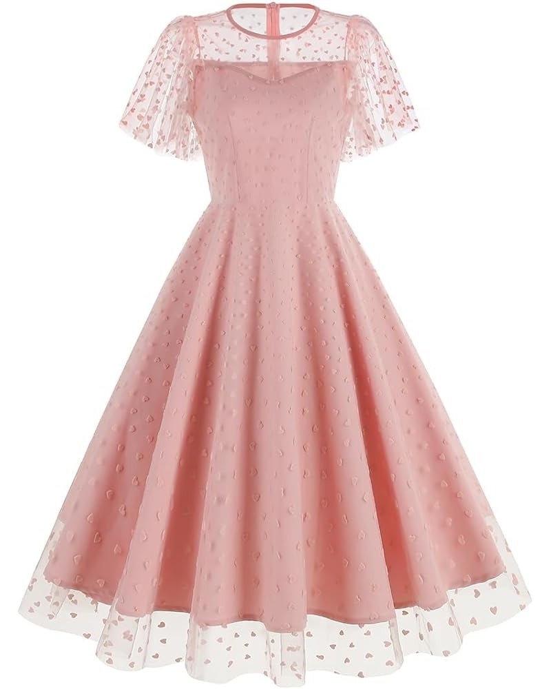 1950s Dresses for Women Vintage Off-Shoulder Neckline Puff Sleeve Hepburn Style Cocktail Rockabilly Swing Dress Pink Heart Sh...