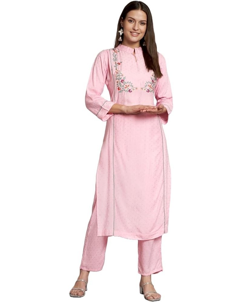 Holi Special Eid Gifts,Embroidered Kurti Pant Set Kurta Sets Suits for Women (K222-P) Pink-231 $21.65 Suits