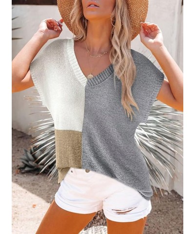 Cap Sleeve T Shirts for Women V Neck Knit Tops Loose Casual Summer Blouses Color Block Tunics S-XXL A Grey $17.91 Tops