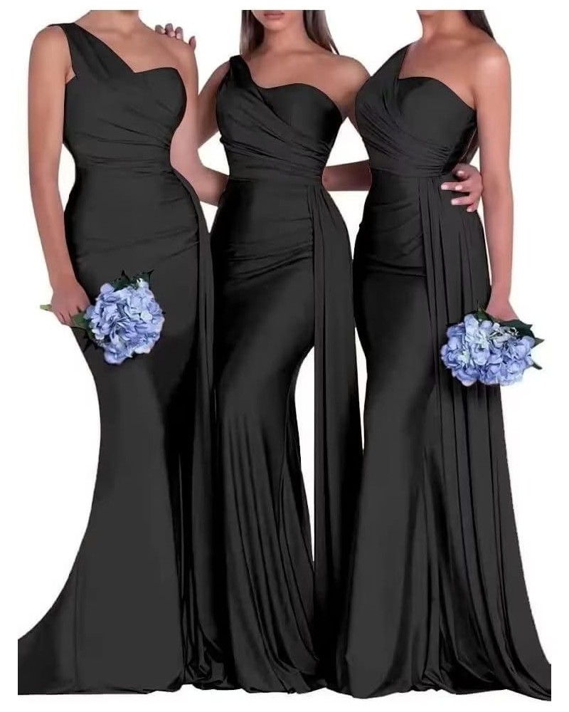 One Shoulder Mermaid Bridesmaid Dresses for Wedding Bodycon Satin Long Formal Evening Gowns with Train Black $22.95 Dresses