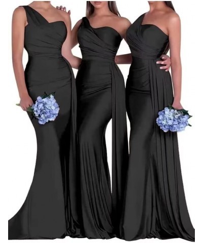 One Shoulder Mermaid Bridesmaid Dresses for Wedding Bodycon Satin Long Formal Evening Gowns with Train Black $22.95 Dresses