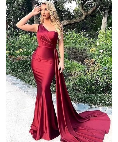 One Shoulder Mermaid Bridesmaid Dresses for Wedding Bodycon Satin Long Formal Evening Gowns with Train Black $22.95 Dresses