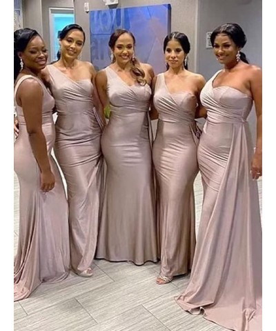 One Shoulder Mermaid Bridesmaid Dresses for Wedding Bodycon Satin Long Formal Evening Gowns with Train Black $22.95 Dresses