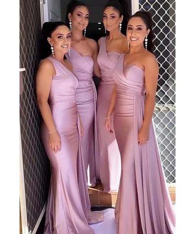 One Shoulder Mermaid Bridesmaid Dresses for Wedding Bodycon Satin Long Formal Evening Gowns with Train Black $22.95 Dresses