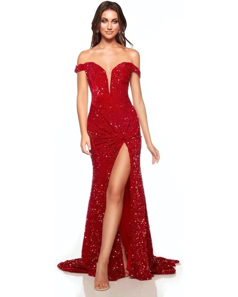 Sparkly Off Shoulder Prom Dresses Long with High Slit Mermaid Sequin Dress for Women Wedding Party Formal Gowns Red $40.63 Dr...