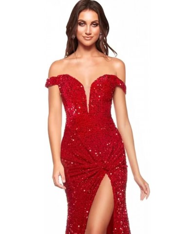 Sparkly Off Shoulder Prom Dresses Long with High Slit Mermaid Sequin Dress for Women Wedding Party Formal Gowns Red $40.63 Dr...