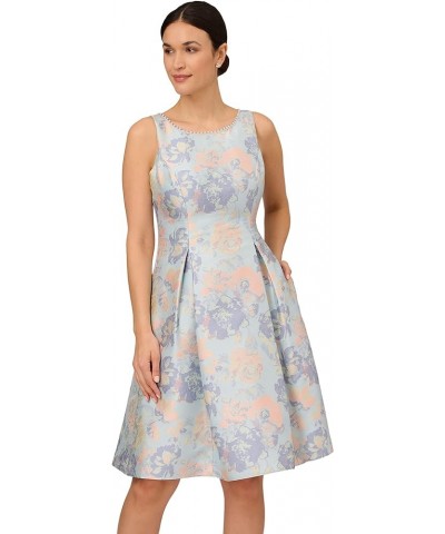 Women's Pearl Trim Jacquard Dress Blue Multi $61.19 Dresses