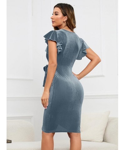 Womens Deep V Neck Ruffle Sleeve Velvet Sheath Cocktail Party Wedding Club Faux Wrap Dresses Velvet-grey Blue $20.58 Dresses