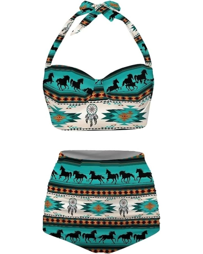 Womens Two Pieces Bikini Set Swimsuits High Waisted Bathing Suits Halter Ruched Bikini Navajo Aztec Horse $15.40 Swimsuits