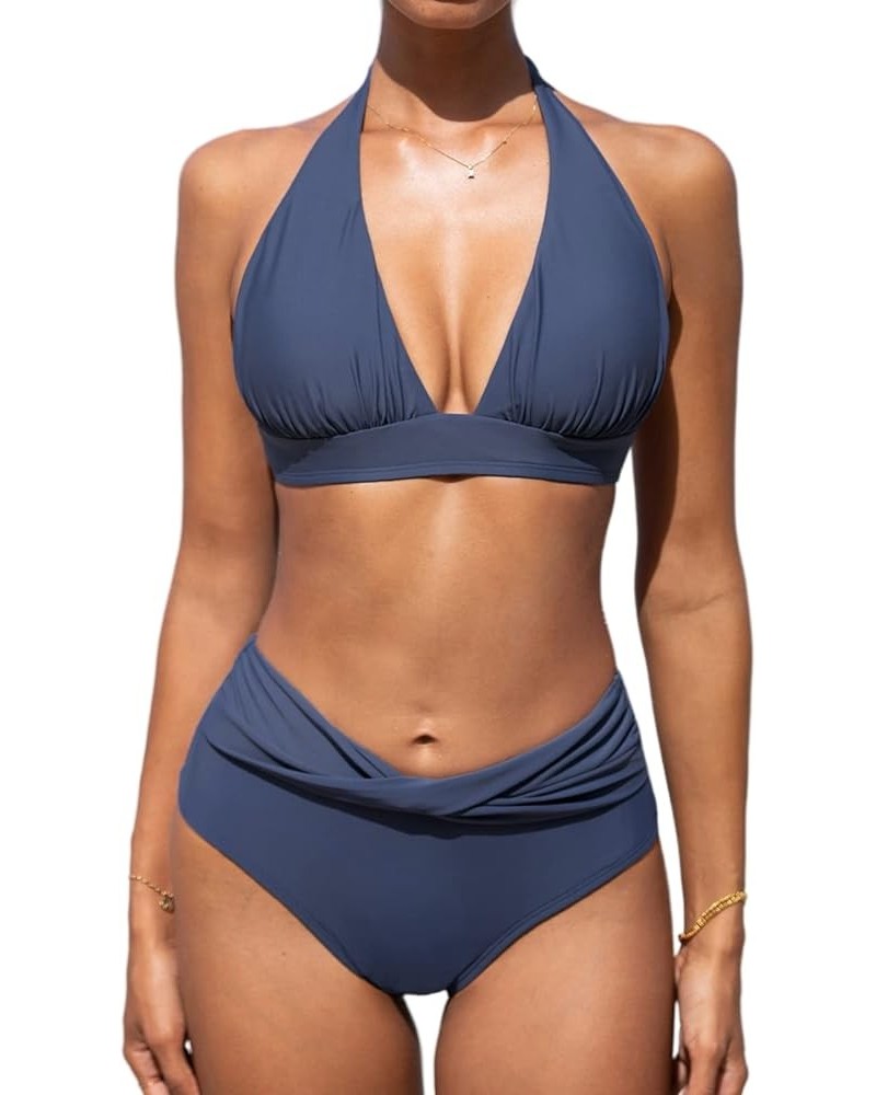 Women's Two Piece Halter V Neck Ruched Bikini Set Navy Blue $16.34 Swimsuits