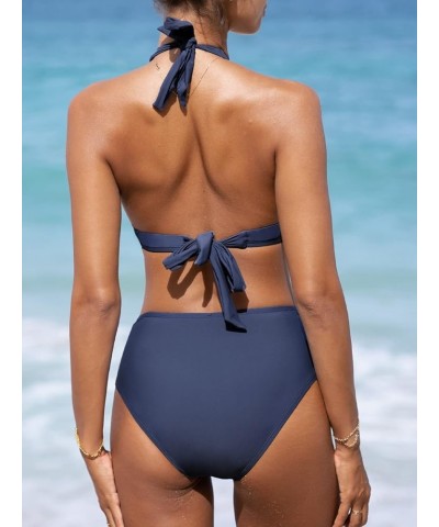 Women's Two Piece Halter V Neck Ruched Bikini Set Navy Blue $16.34 Swimsuits