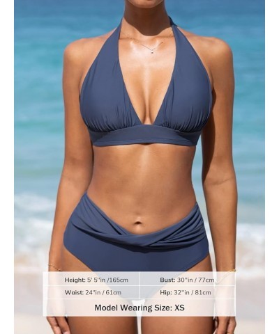 Women's Two Piece Halter V Neck Ruched Bikini Set Navy Blue $16.34 Swimsuits