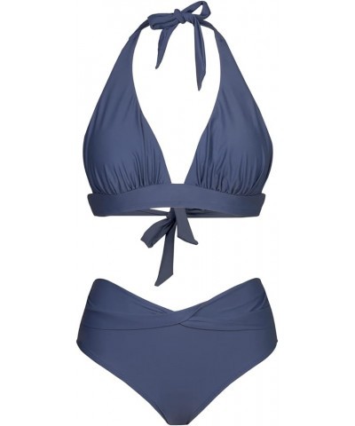 Women's Two Piece Halter V Neck Ruched Bikini Set Navy Blue $16.34 Swimsuits