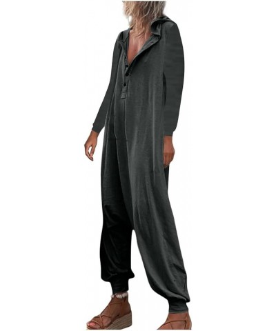 Ladies Jumpsuits And Rompers Wide Leg Casual Solid Color Loose Retro Button Hooded Long Pant Jumpsuit With Pockets 08-dark Gr...