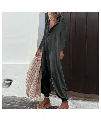 Ladies Jumpsuits And Rompers Wide Leg Casual Solid Color Loose Retro Button Hooded Long Pant Jumpsuit With Pockets 08-dark Gr...