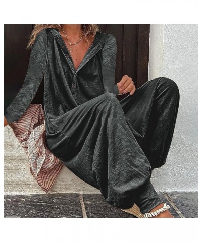 Ladies Jumpsuits And Rompers Wide Leg Casual Solid Color Loose Retro Button Hooded Long Pant Jumpsuit With Pockets 08-dark Gr...