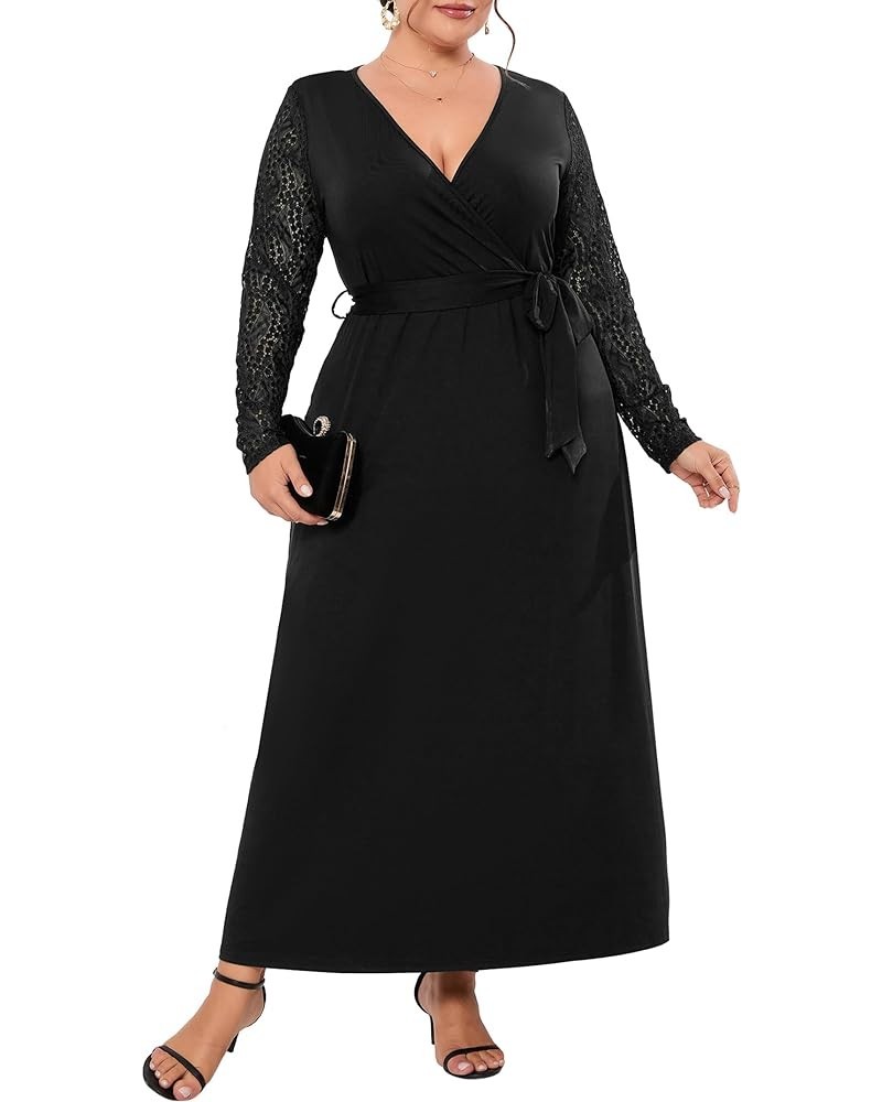 Plus Size Summer Dress for Curvy Women Wrap V Neck Wedding Guest Dress Formal Lace Short Sleeve Maxi Dress Black-long Sleeve ...