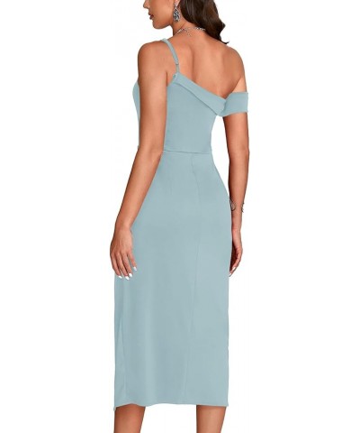 Women's One Shoulder Spaghetti Strap Ruched Split Bodycon Sexy Party Long Dress Light Blue $18.48 Dresses