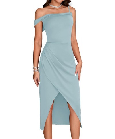 Women's One Shoulder Spaghetti Strap Ruched Split Bodycon Sexy Party Long Dress Light Blue $18.48 Dresses