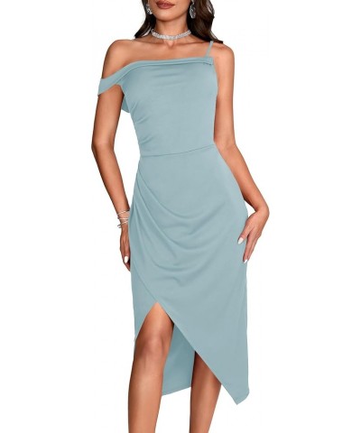 Women's One Shoulder Spaghetti Strap Ruched Split Bodycon Sexy Party Long Dress Light Blue $18.48 Dresses