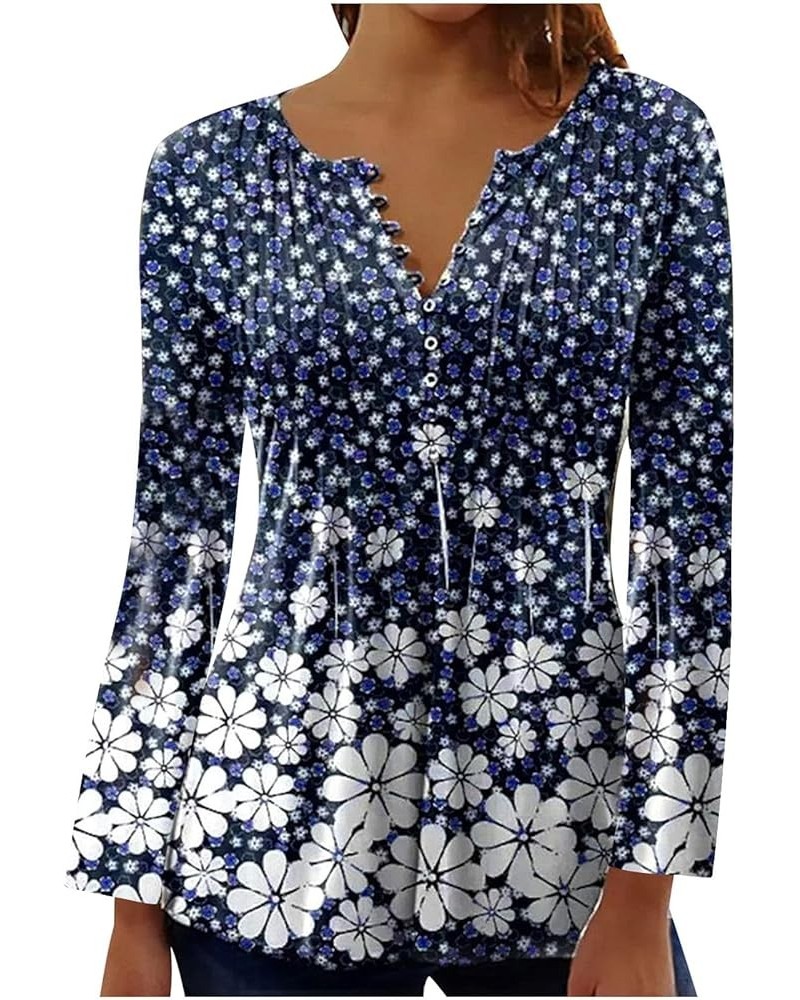 Fall Tops for Women Casual 3/4 Length Sleeve T Shirts Button Up V Neck Tunics Floral Print Loose Lightweight Blouses 04 Navy ...