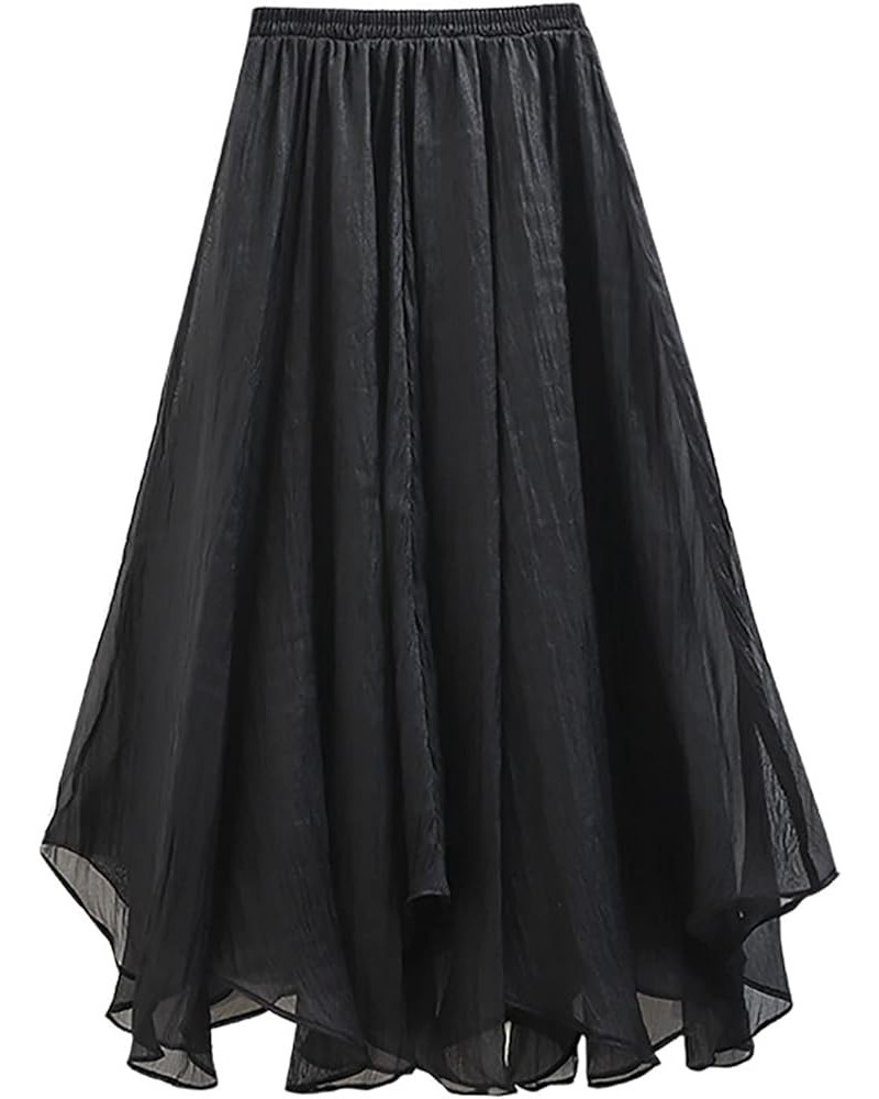 Women's Tulle Skirt Elastic High Waist Pleated A-line Midi Skirt Layered Mesh Flowy Tutu Skirts Irregular Black for 23"-29.53...