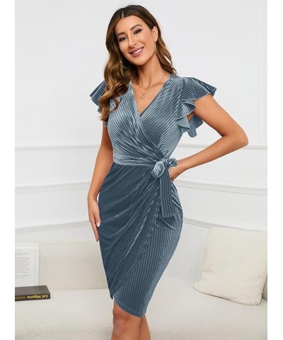 Womens Deep V Neck Ruffle Sleeve Velvet Sheath Cocktail Party Wedding Club Faux Wrap Dresses Velvet-grey Blue $20.58 Dresses