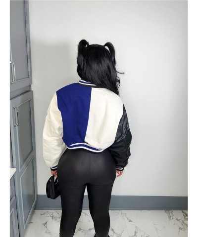 Women Varsity Jacket Button Down Cropped Faux Leather Jacket Letter Embroidery Jacket Short Baseball Outwear C03 Blue $24.99 ...