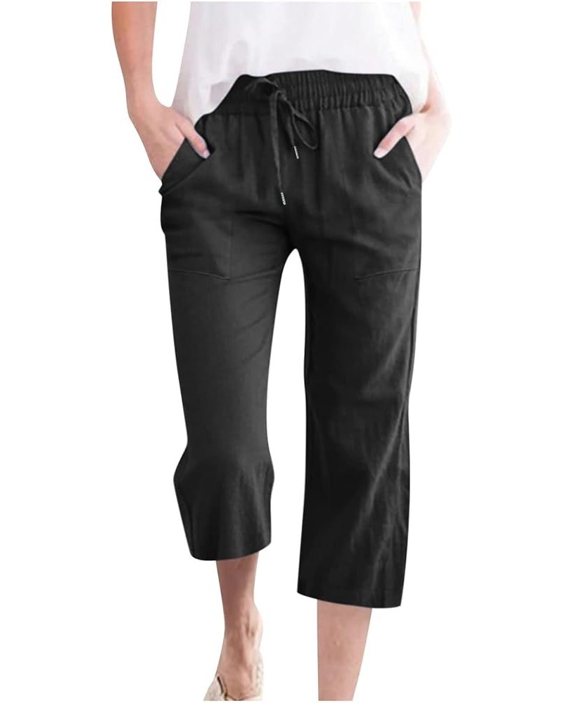 Capri Pants for Women 2024 Casual Summer Linen Pants Drawstring Elastic High Waist Straight Wide Leg Cropped Trouser Holiday ...