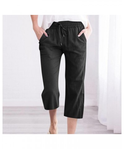 Capri Pants for Women 2024 Casual Summer Linen Pants Drawstring Elastic High Waist Straight Wide Leg Cropped Trouser Holiday ...