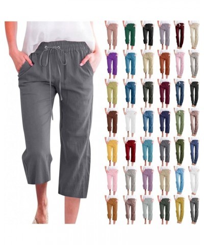 Capri Pants for Women 2024 Casual Summer Linen Pants Drawstring Elastic High Waist Straight Wide Leg Cropped Trouser Holiday ...