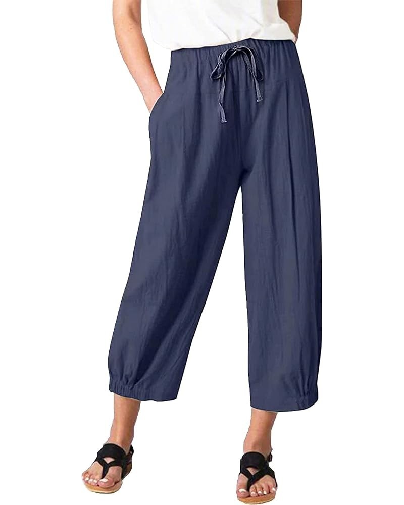 Women's Summer Capri Pants Elastic High Waist Drawstring Wide Leg Cotton Linen Work Pants with Pockets Blue $13.74 Pants