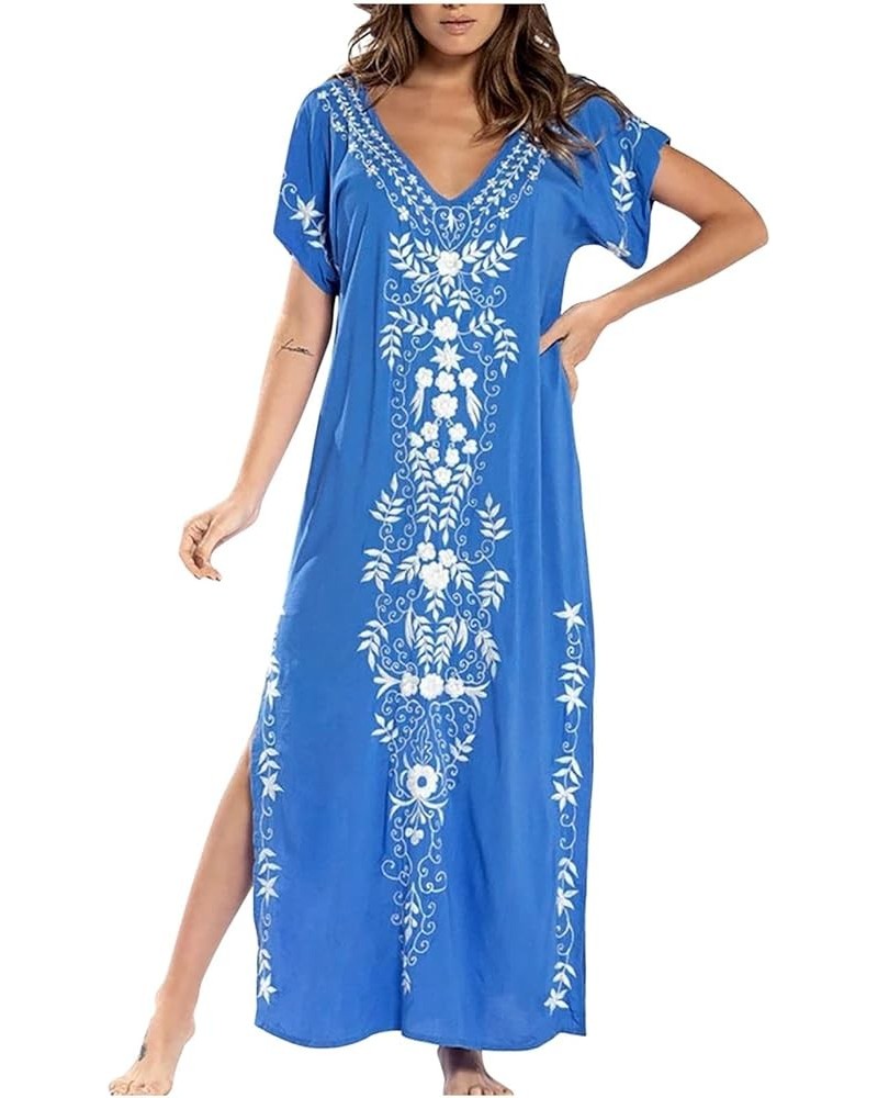 Summer Long Maxi Dress for Women Floral Printed Bohemian Beach Party Flowy Sundress Casual V Neck Short Sleeve Kaftan Sky Blu...