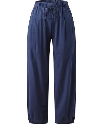 Women's Summer Capri Pants Elastic High Waist Drawstring Wide Leg Cotton Linen Work Pants with Pockets Blue $13.74 Pants