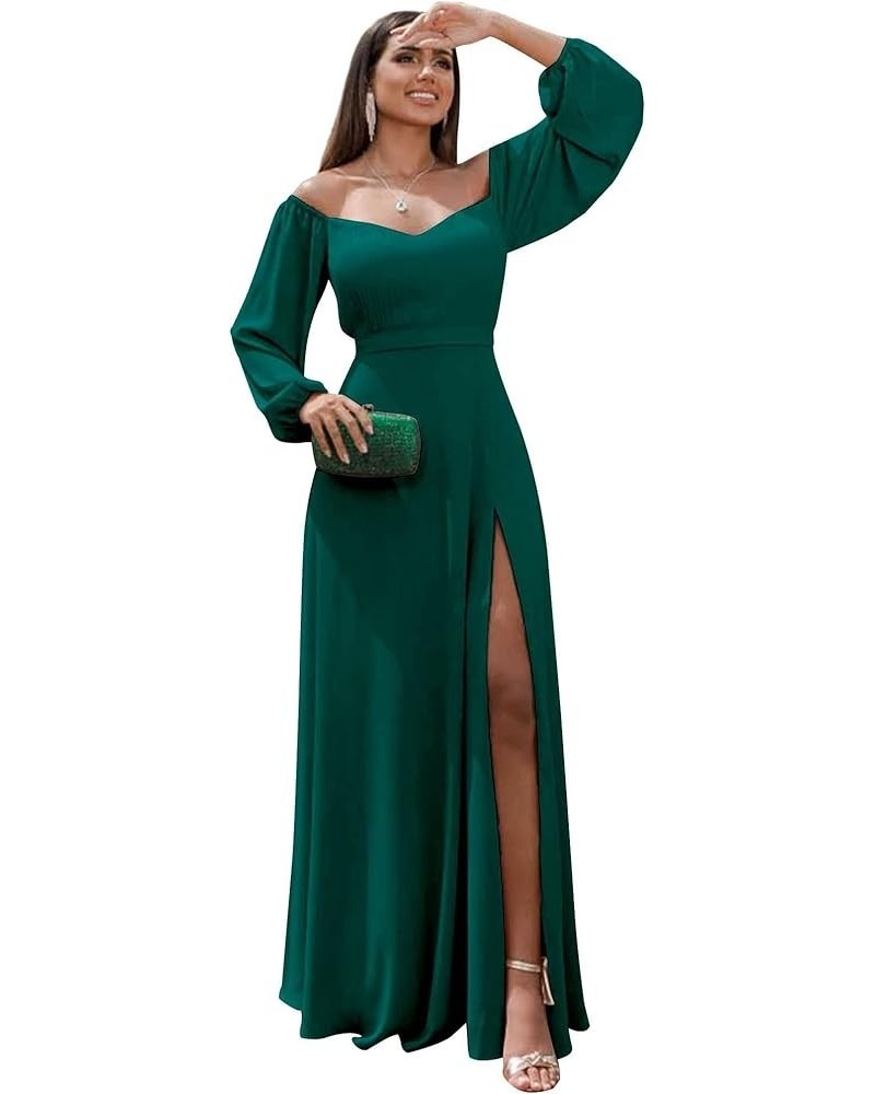 Women's Off Shoulder Bridesmaid Dresses with Slit Long Sleeves Chiffon Formal Party Gowns Peacock $25.60 Dresses