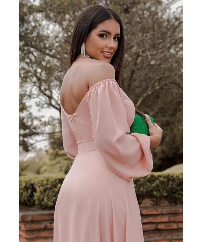 Women's Off Shoulder Bridesmaid Dresses with Slit Long Sleeves Chiffon Formal Party Gowns Peacock $25.60 Dresses