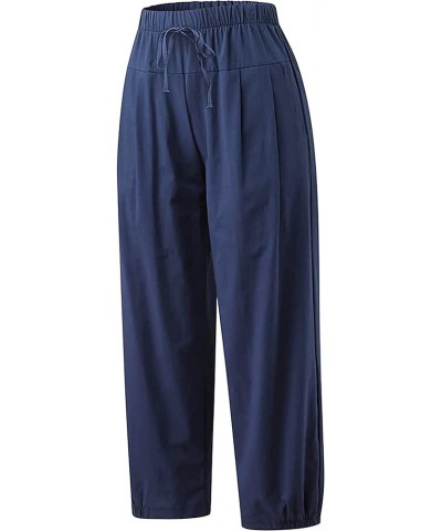 Women's Summer Capri Pants Elastic High Waist Drawstring Wide Leg Cotton Linen Work Pants with Pockets Blue $13.74 Pants